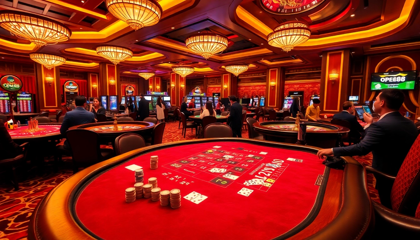 Players enjoy a thrilling game at an OPEN88 casino table with vibrant chips and cards.