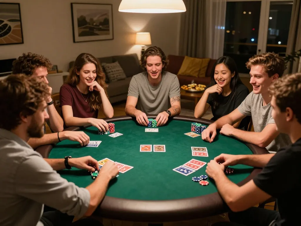 Kèo nhà cái strategy in action during a home poker night, with friends immersed in gameplay