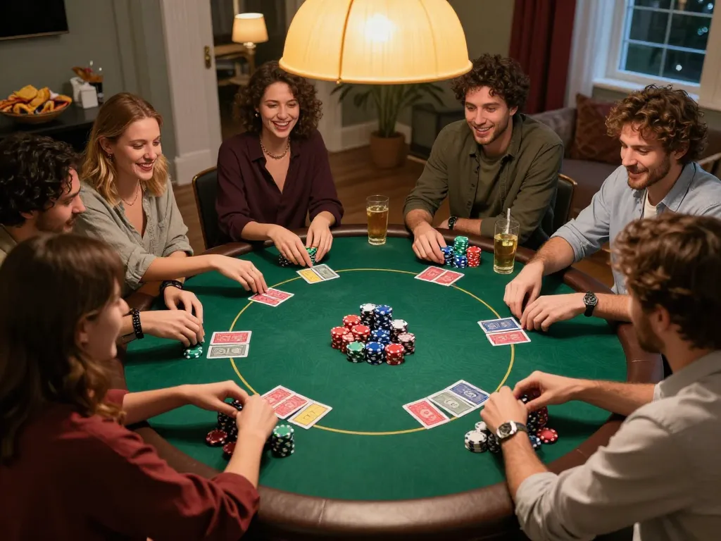 O8 players engaging in a friendly poker game night, showcasing vibrant chips and cards in a cozy setting