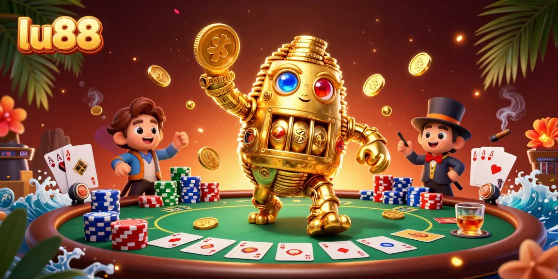 Experience thrilling gameplay with lu88, a golden golem surrounded by poker elements in a vibrant casino scene.
