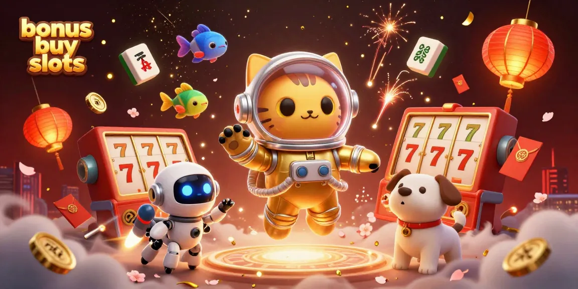 Experience excitement with bonus buy slots as a space cat and robot dog explore a vibrant universe.