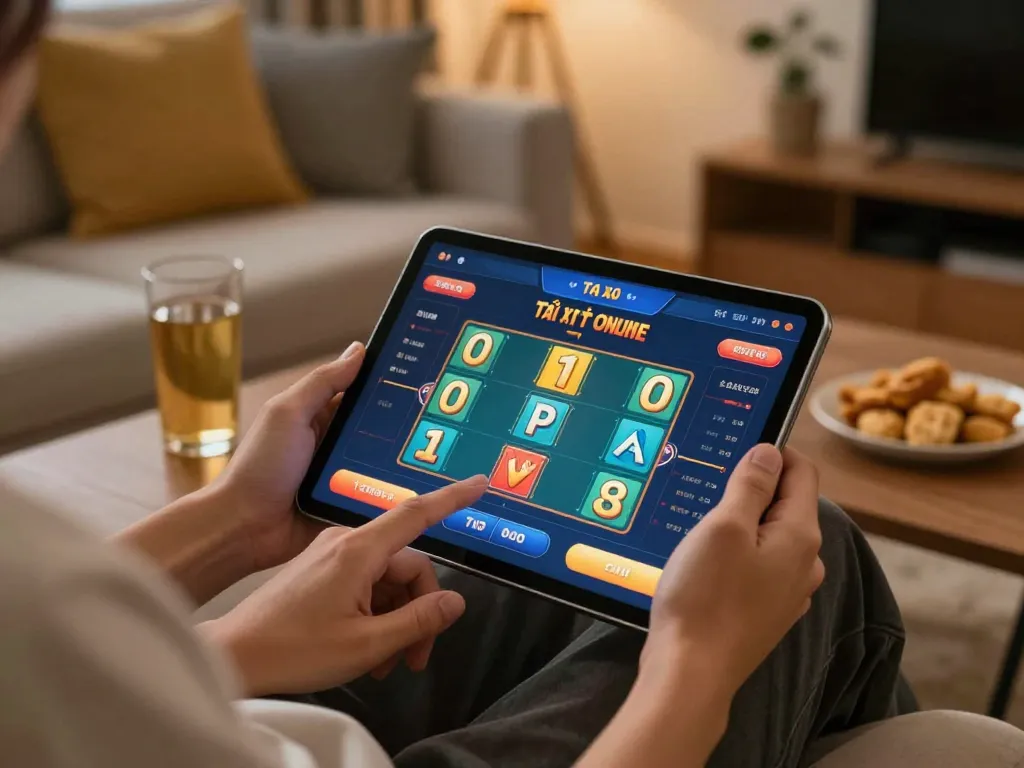 Engaging with app tài xỉu online uy tín on a tablet in a cozy home environment, enhancing gambling entertainment.