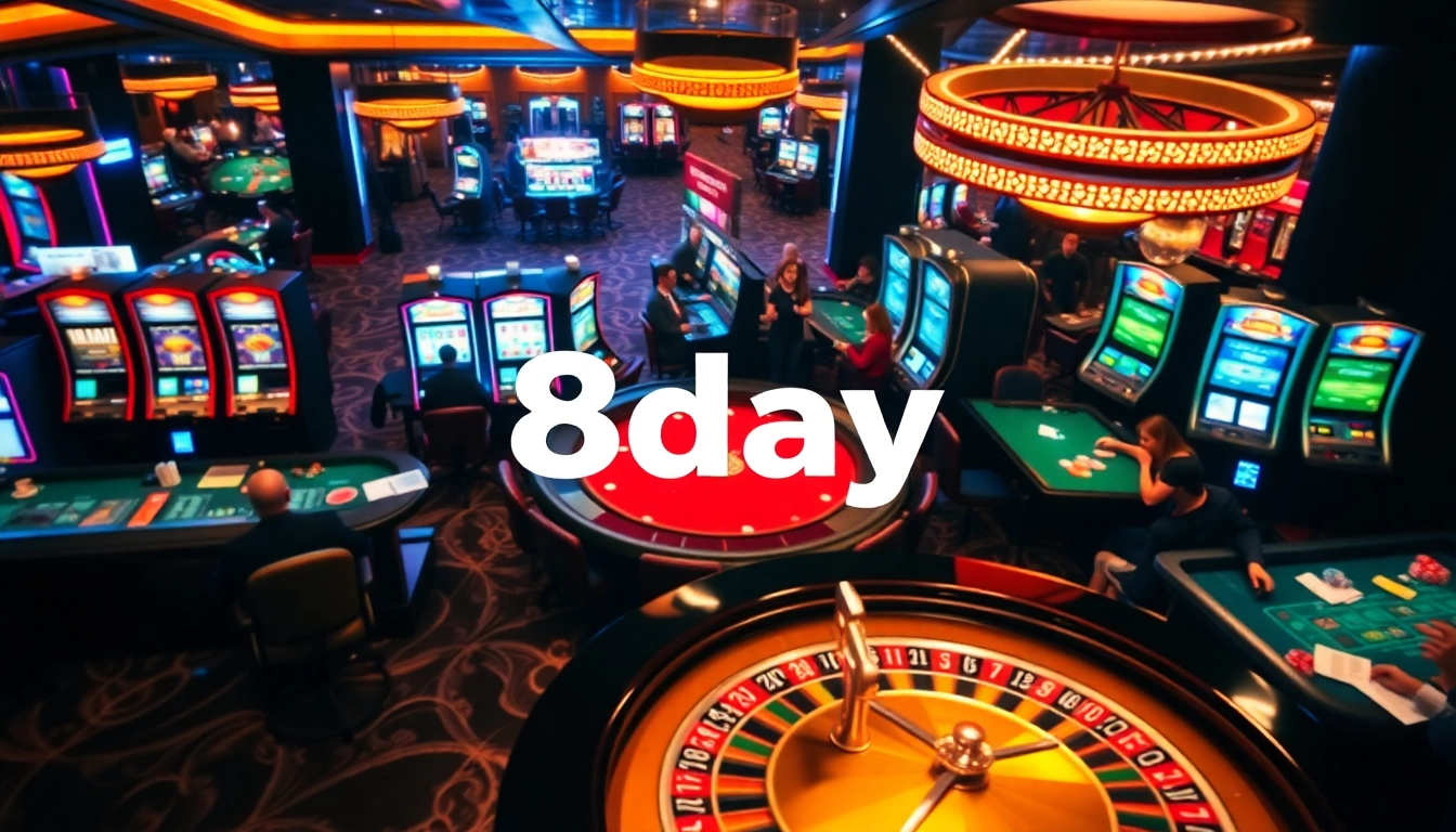 Intense gaming action at 8day casino with vibrant slot machines and roulette wheel.