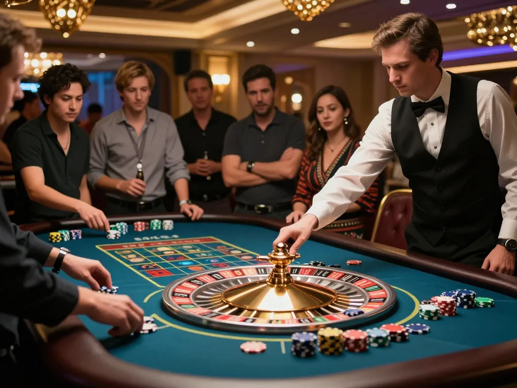 Engaged players at a roulette table strategizing their bets for rokok 88 in a lively casino setting.