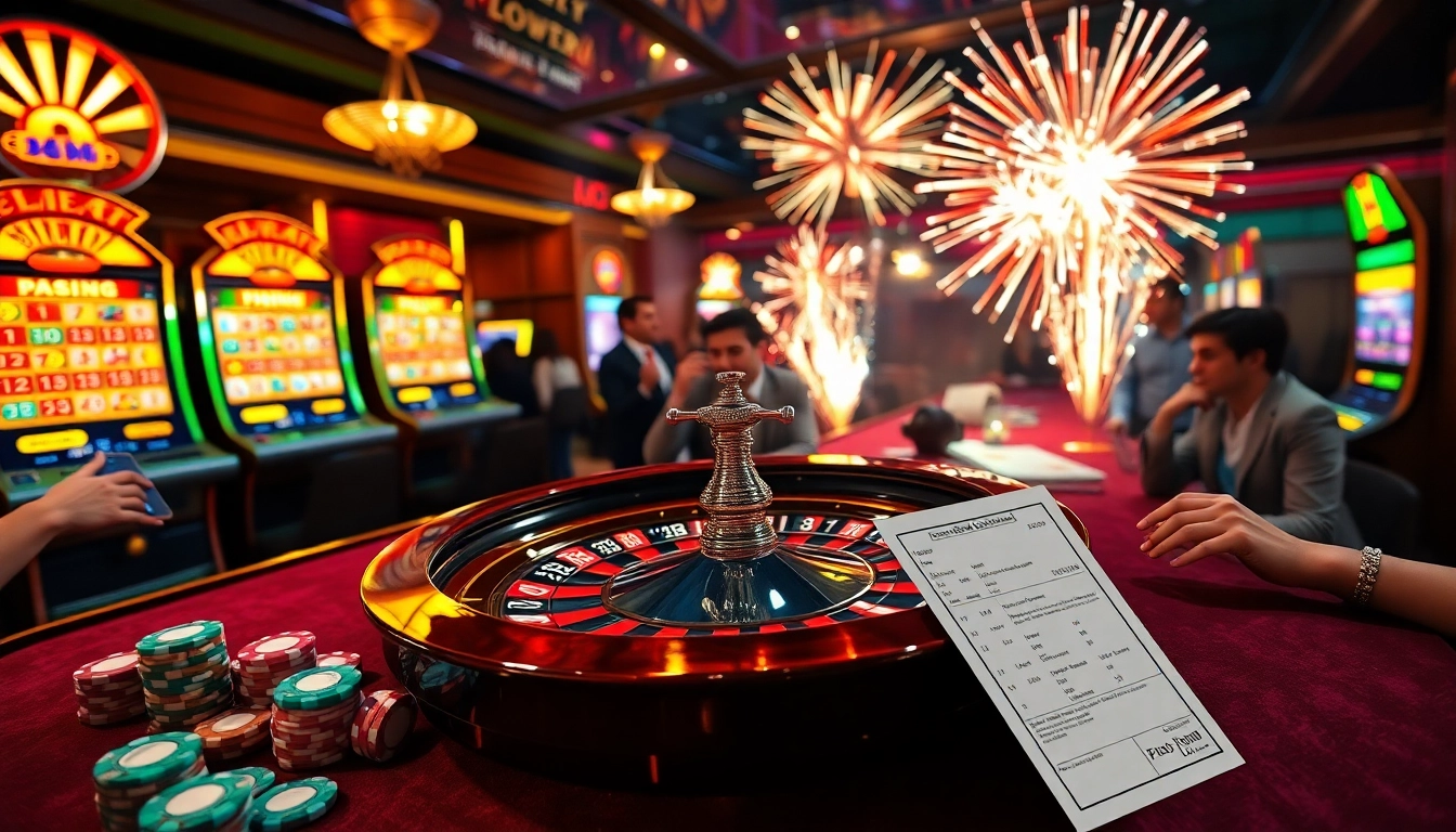 Excitement of an explosion of a prize-winning lottery in a luxurious casino setting.