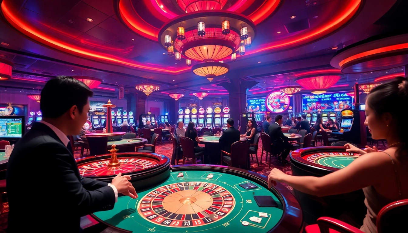 i9bet casino scene showcasing high-stakes gameplay with vibrant roulette wheels and poker tables