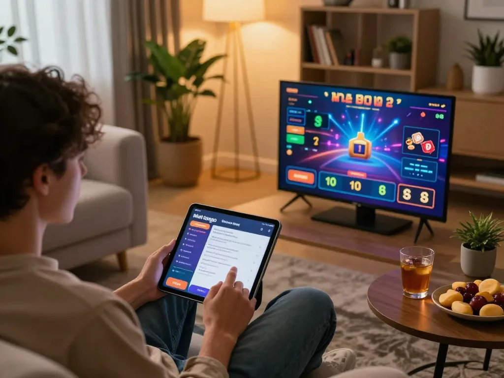 Person engaging with the dagago betting app on a tablet in a cozy living room.