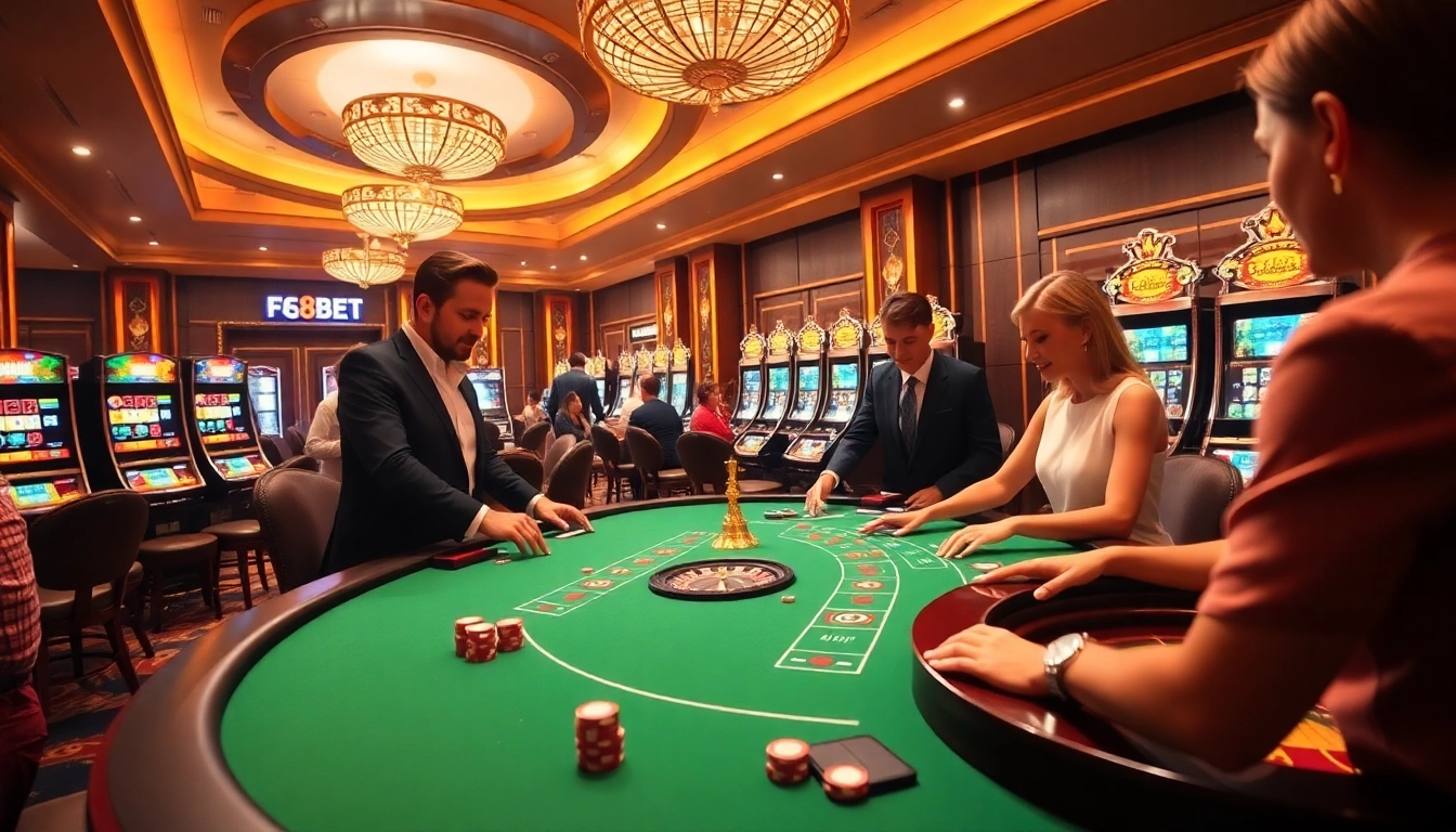 F8BET casino scene featuring dealers and vibrant game tables