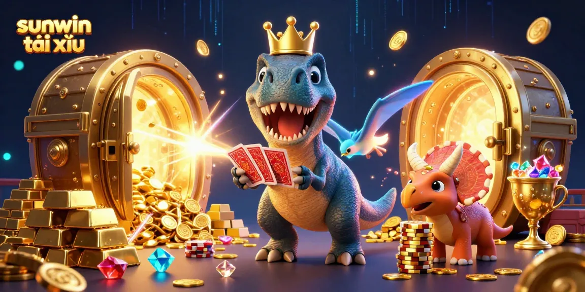 Experience sunwin tài xỉu thrills while a T-Rex and friends play in a vibrant casino scene.