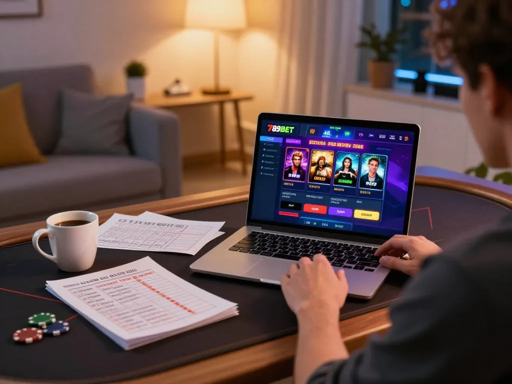 Engaging in online gaming at nhà cái 789bet showcases a comfortable home setting with a stylish laptop interface.