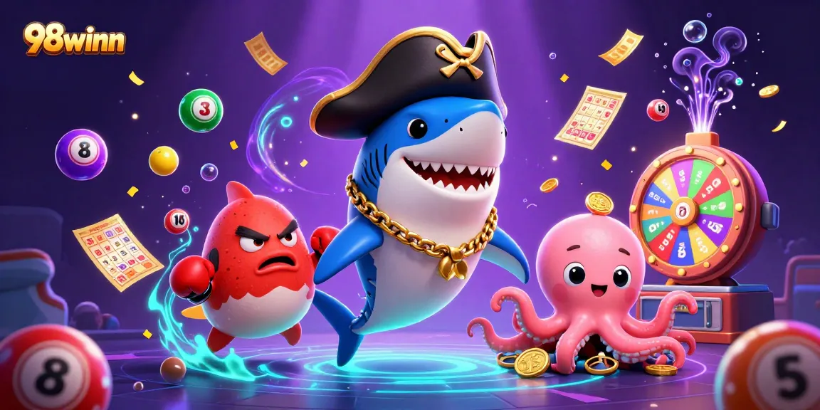 Join the excitement at 98winn with playful characters and vibrant lottery elements.