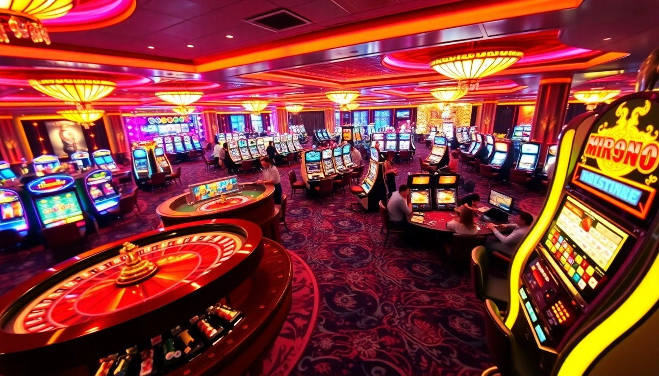 M98 themed slot machines and roulette wheels buzzing with excitement in a luxurious casino.