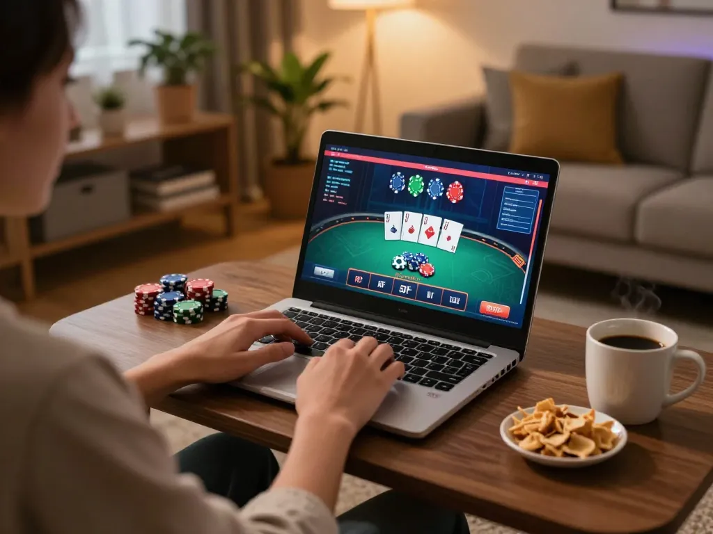Engaging home gaming scene with a person using a laptop for gen-e casino gaming.
