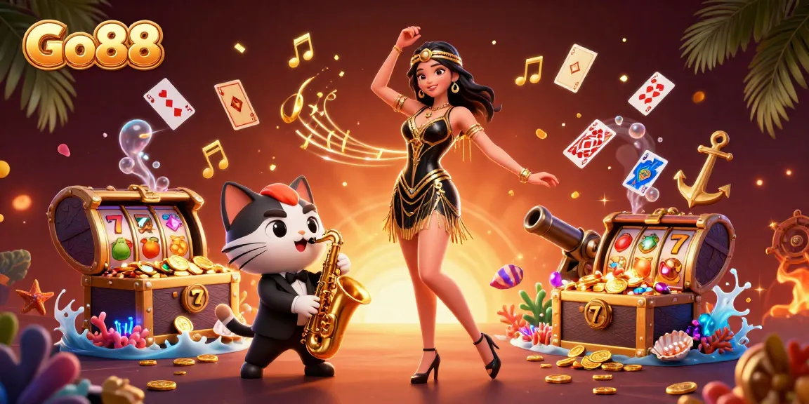 Experience vibrant gaming with Go88 as slot reels and gold coins swirl around lively characters.