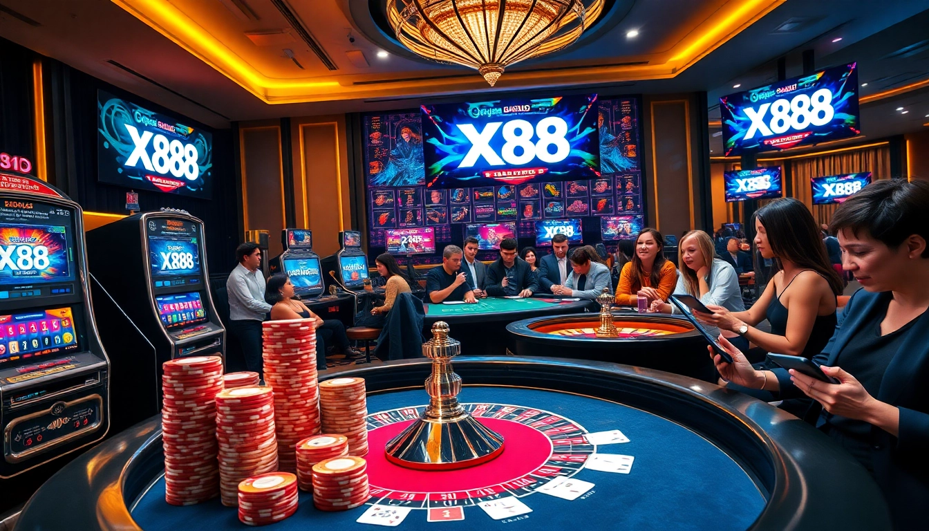 Players enjoy high-stakes action at XX88’s luxurious online casino, showcasing poker chips and slot machines.