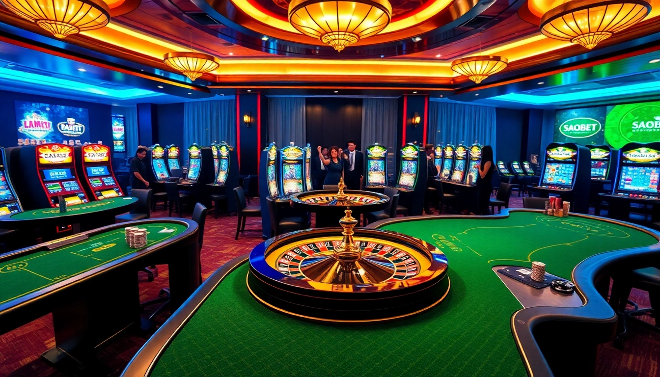 SAOBET gaming area with luxurious casino tables and slot machines for an exciting experience.