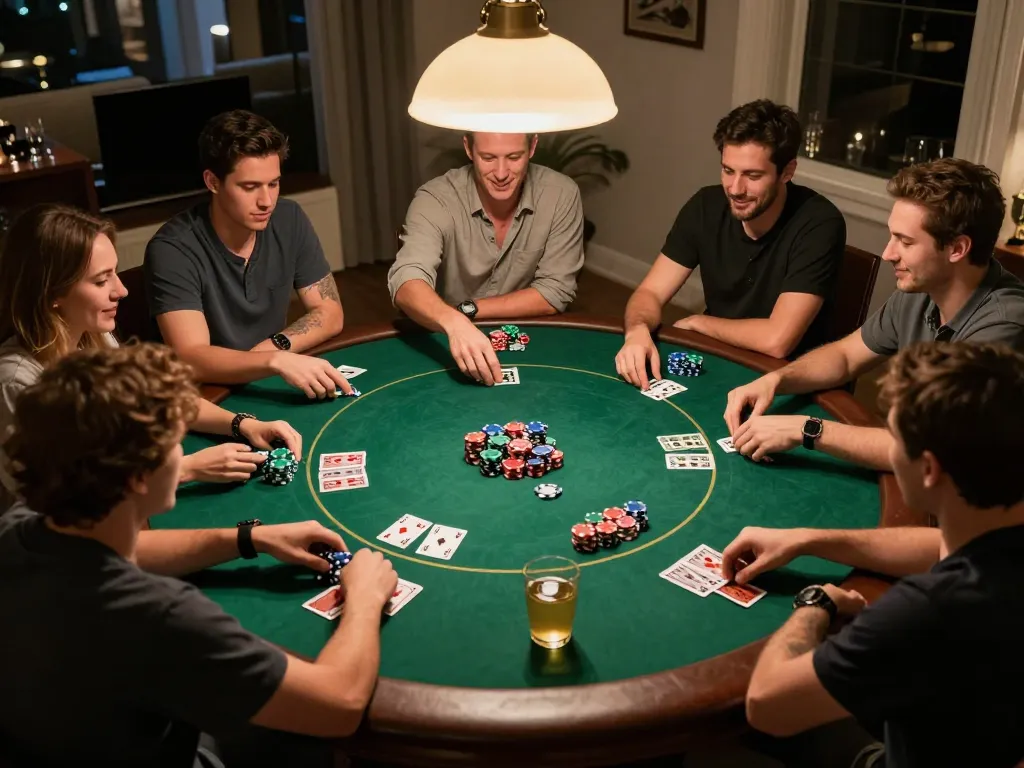 EE88 players enjoying a dynamic poker night with chips and cards in an inviting setting.