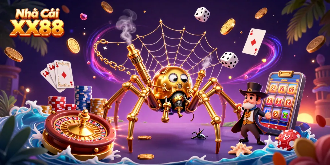 Catch lucky dice with Nhà Cái XX88's golden spider in a vibrant casino web scene.