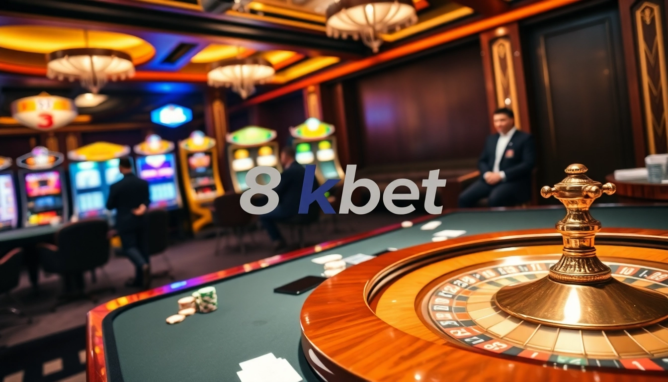 Experience excitement with 8kbet's luxurious casino scene showcasing poker chips and vibrant slot machines.