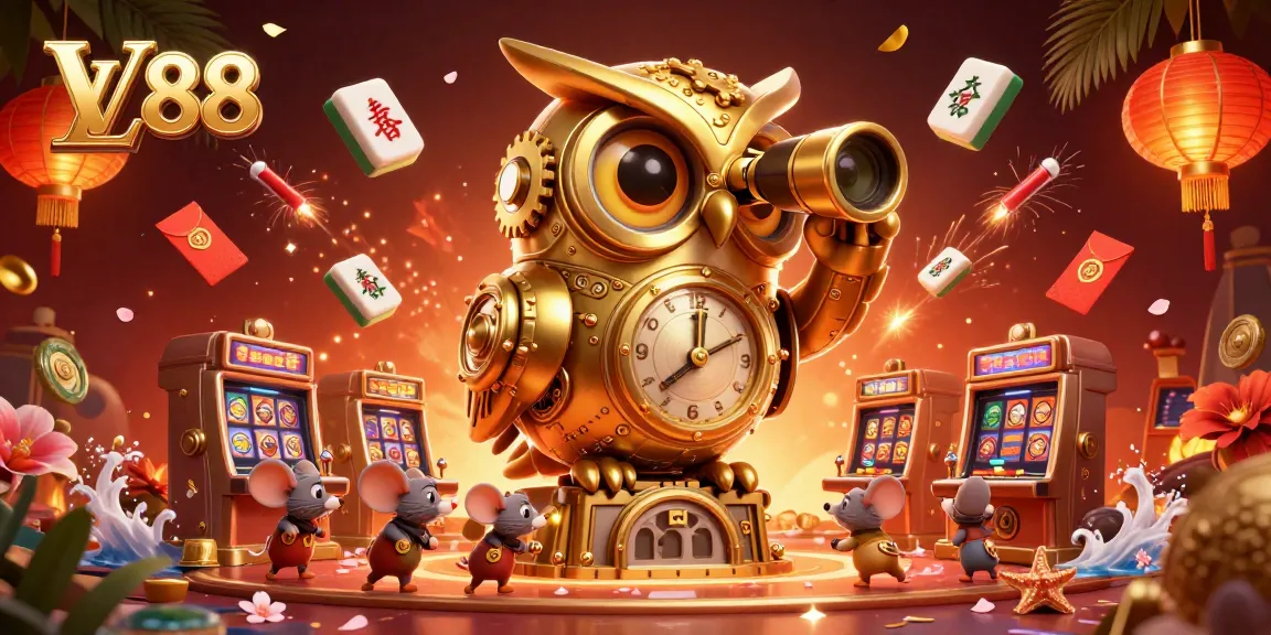 Enjoy thrilling games at LV88 with a whimsical illustration of an owl overseeing a bustling casino scene filled with excitement.