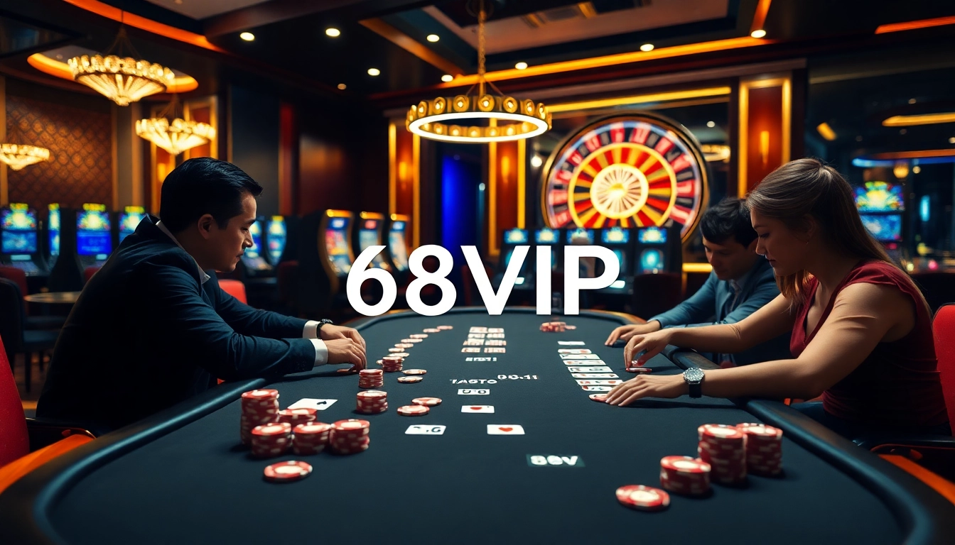 Enjoy thrilling poker action at 68VIP, featuring vibrant chips and expert gameplay in a luxurious casino setting.