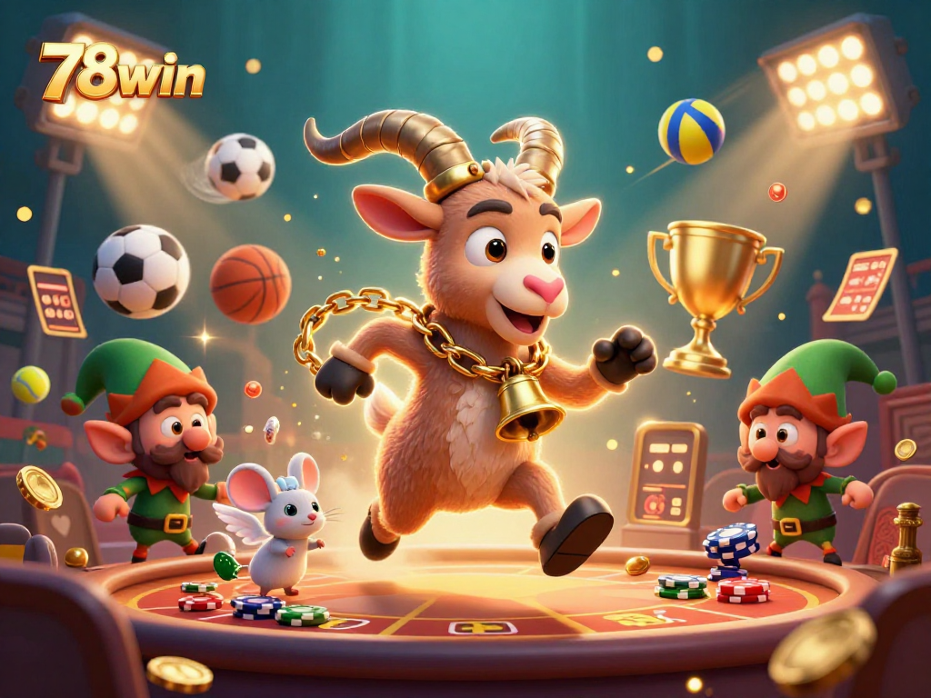 Engage in exciting bets with 78win at an action-packed casino scene featuring playful characters.