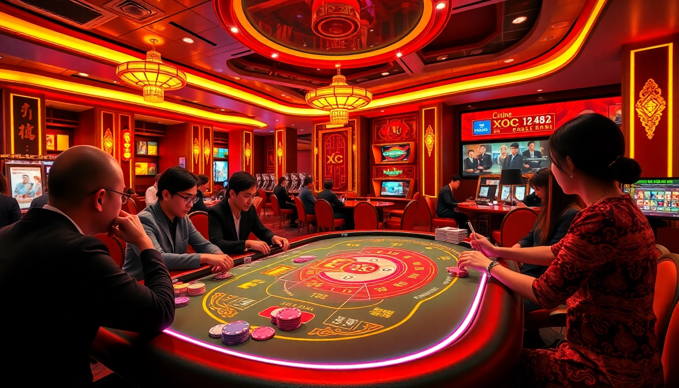 Xóc đĩa online offering an engaging casino experience with vibrant colors and excited players.