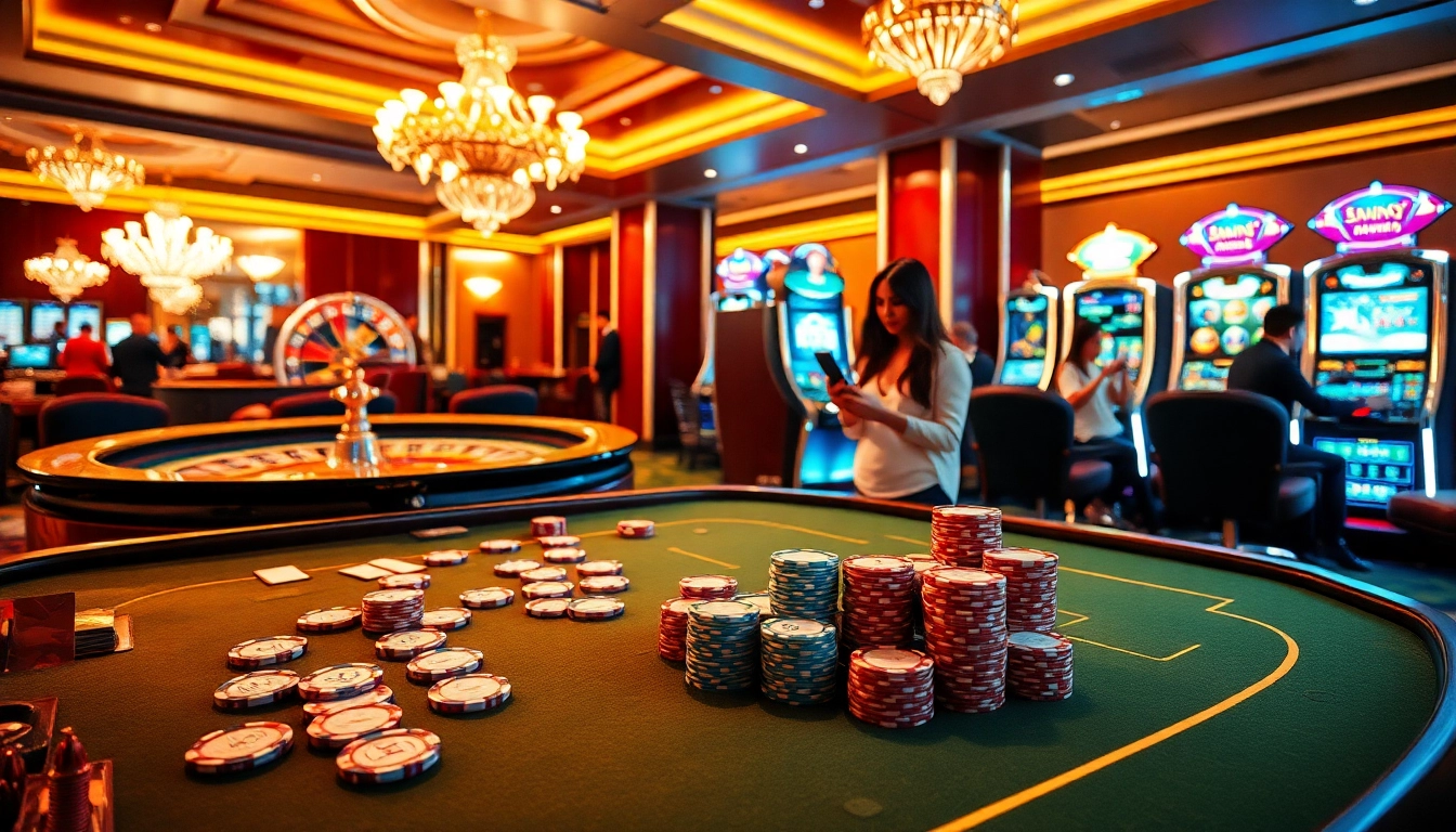 Experience high-stakes excitement with GG88 in a luxurious casino setting featuring poker tables and slot machines.