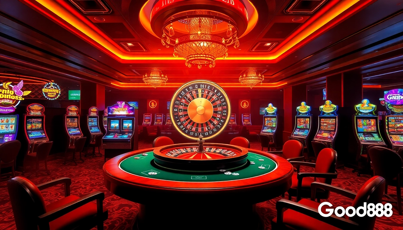 Exciting gambling scene at Good88 casino with poker players, slot machines, and roulette wheel.
