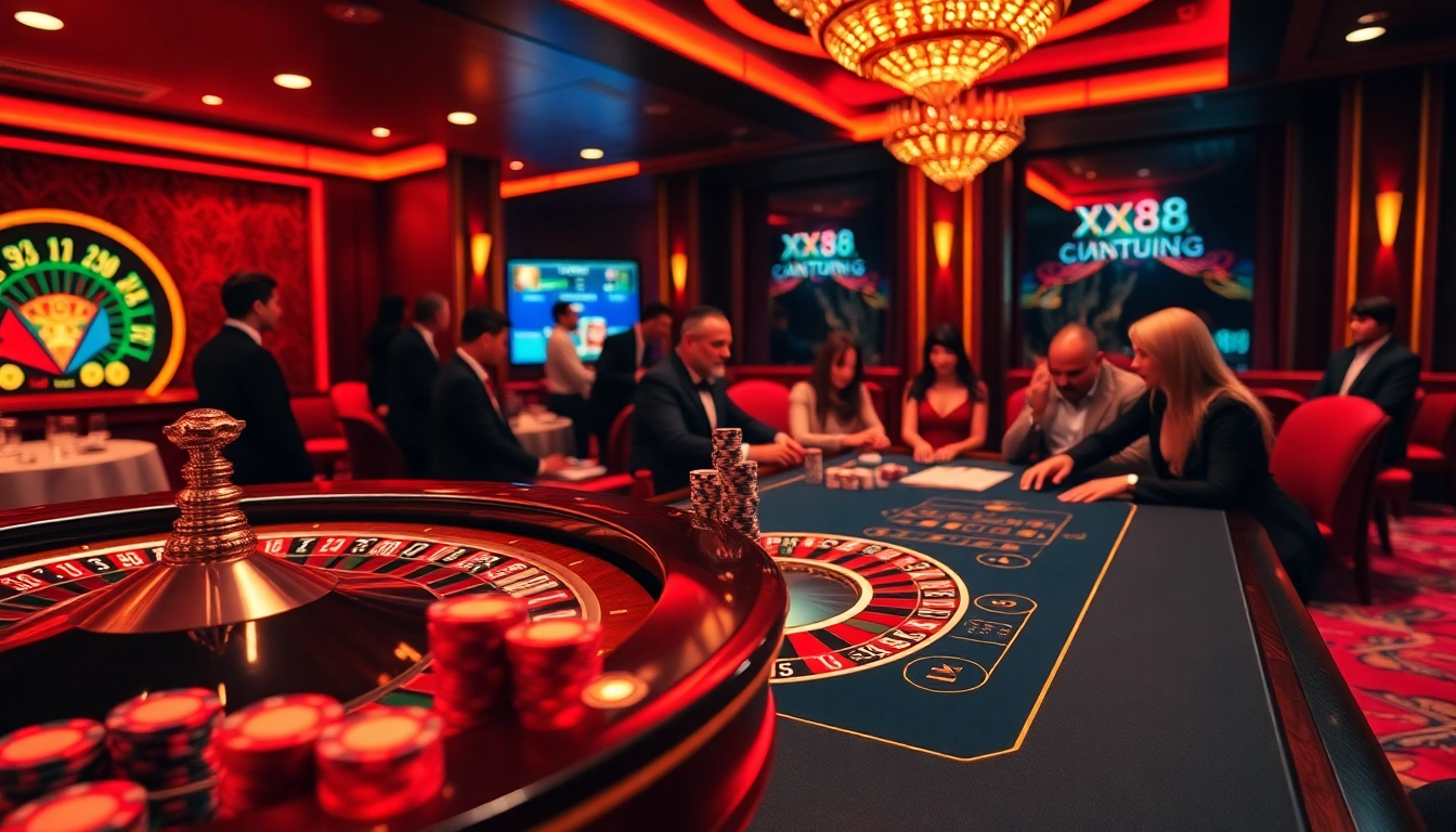 Players enjoying the excitement of online gambling at xx88 casino with vibrant gaming elements.