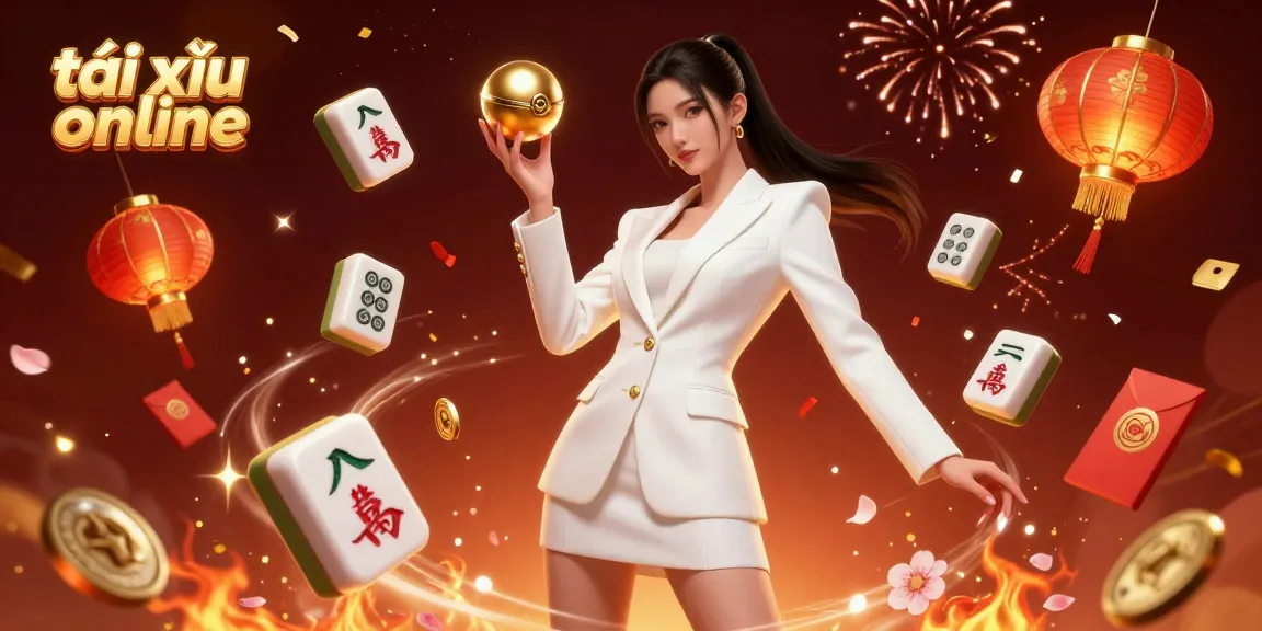 Experience the thrill of tài xỉu online with a stunning casino scene, featuring a confident woman in tuxedo.