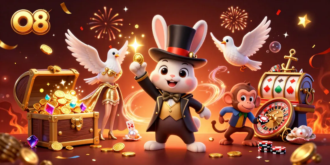Engage with O8's vibrant casino experience illustrated in an enchanting 3D scene.
