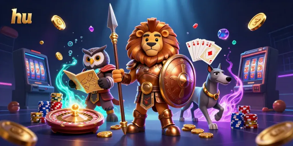Experience the excitement of hu with a Spartan lion, owl strategist, and greyhound messenger amidst a dazzling casino scene.