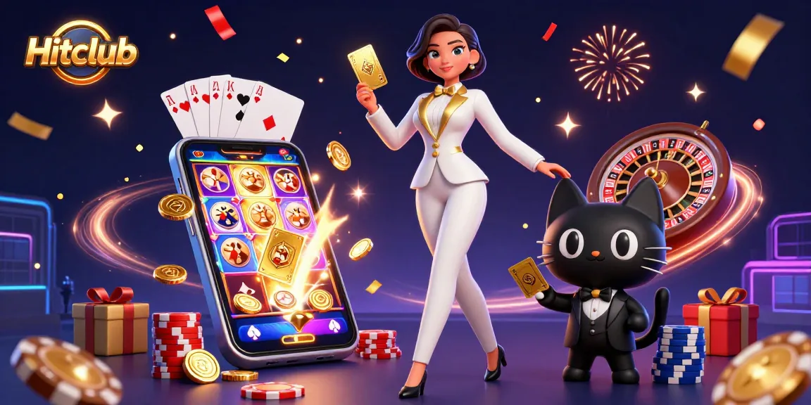 Hitclub dazzling scene with a glamorous woman in tuxedo and black cat amid vibrant casino elements.