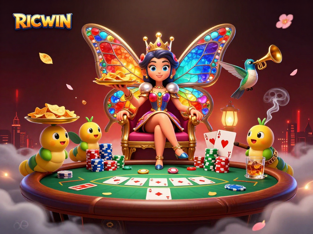 Engage with the vibrant RICWIN poker scene featuring a butterfly queen and stacks of chips.
