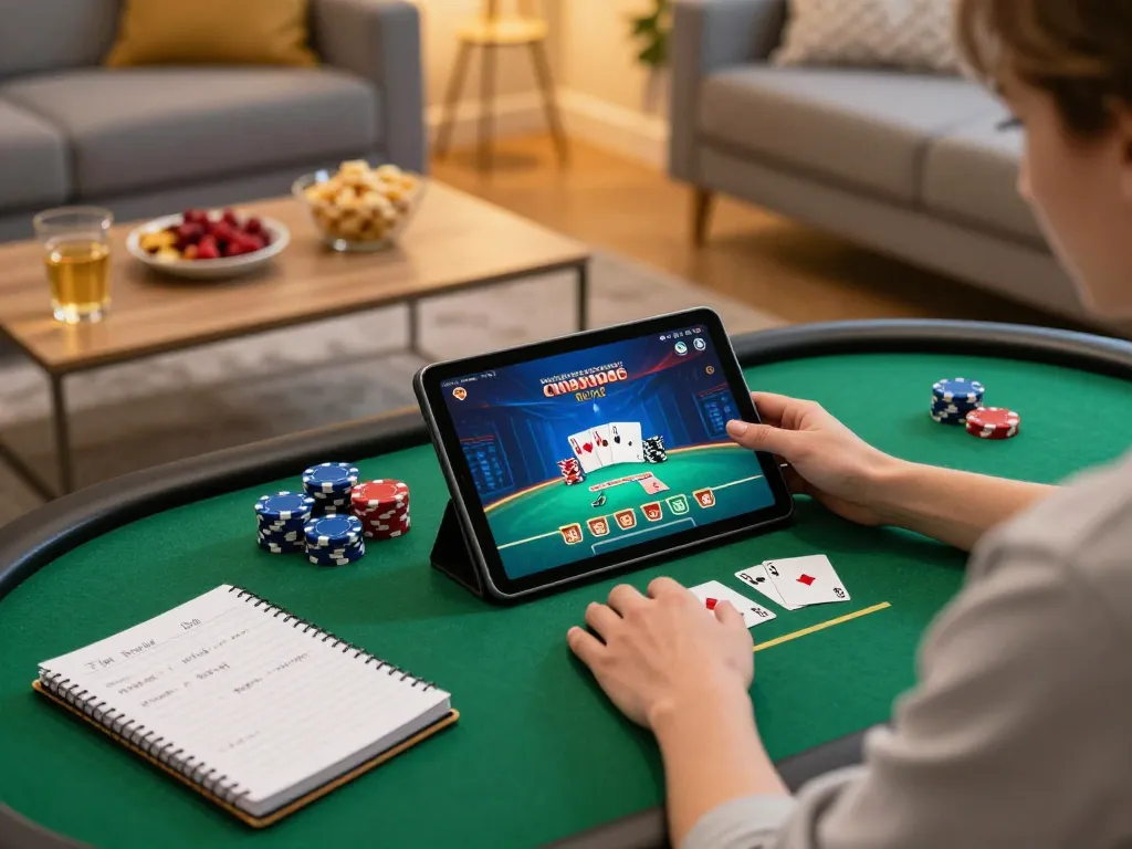 Sao789 player enjoying online poker at home with strategic notes and comfortable setup