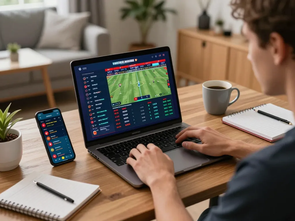 Engaging online sports betting experience with THABET on laptop and smartphone in cozy workspace