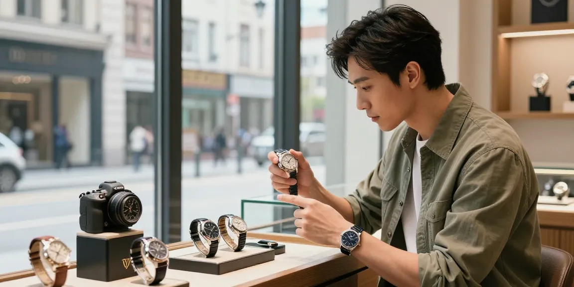 Man exploring premium replica watches in an upscale boutique, showcasing luxury craftsmanship.