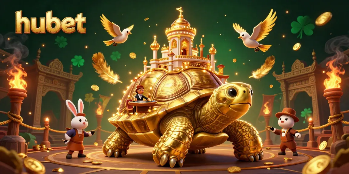 Experience thrilling casino action at hubet with a vibrant scene showcasing a tortoise palace and golden coins.