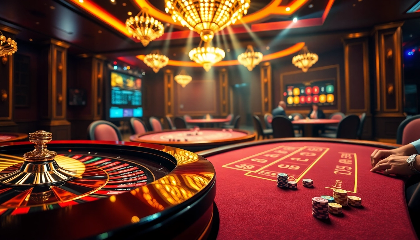 Experience high-stakes play at a luxurious casino table inspired by https://sunwin.builders/, featuring roulette and poker action.