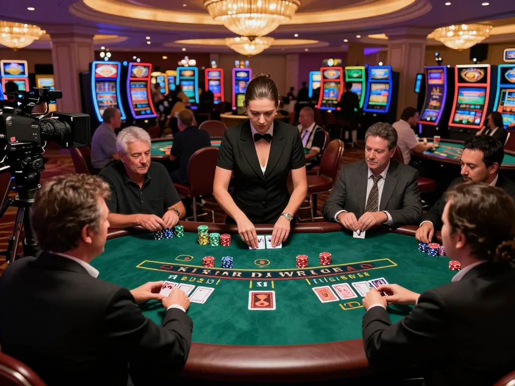 Experience the thrill of TR88 blackjack, with players strategizing at a vibrant casino table.