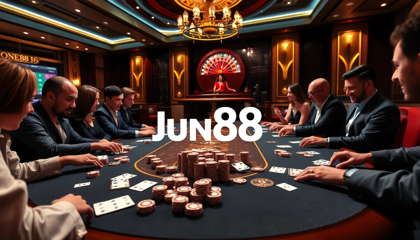 Players celebrating a win at Jun88's high-stakes poker table in an elegant casino.