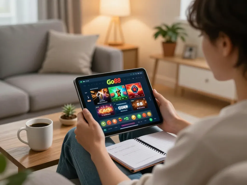 Experience the excitement of Go88 casino gaming on a tablet in a cozy home setting.