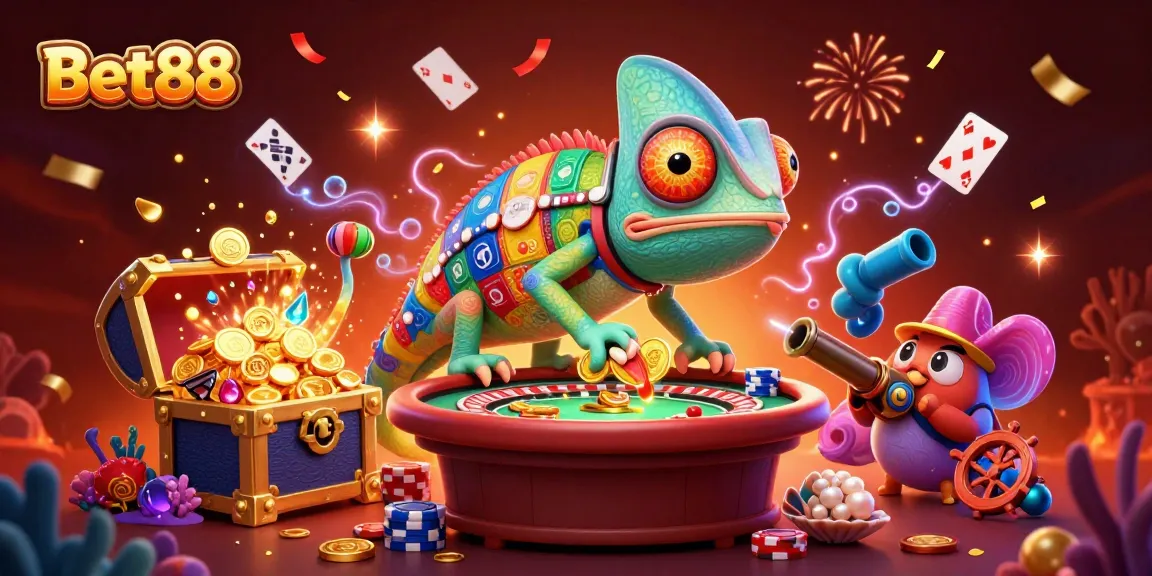 Bet88 chameleon casino owner collects golden coins, showcasing a vibrant underwater treasure scene.