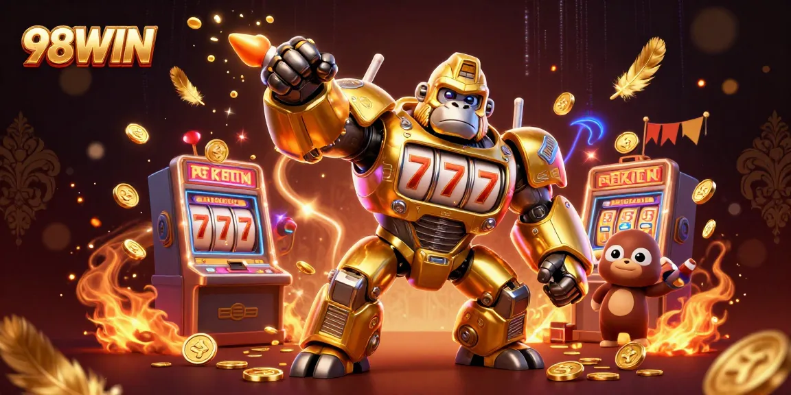 Engage with 98WIN's thrilling gaming experience featuring a golden gorilla mech powered by slot machine elements.