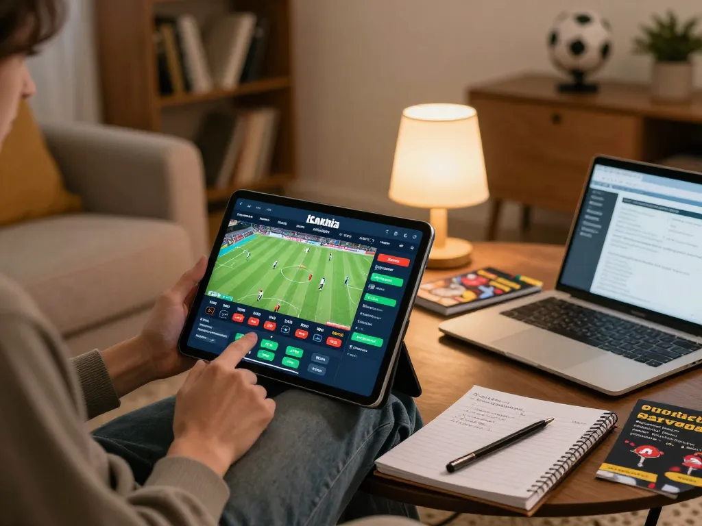 Cakhia app user placing real-time sports bets comfortably at home, with betting guides and laptop on the table.