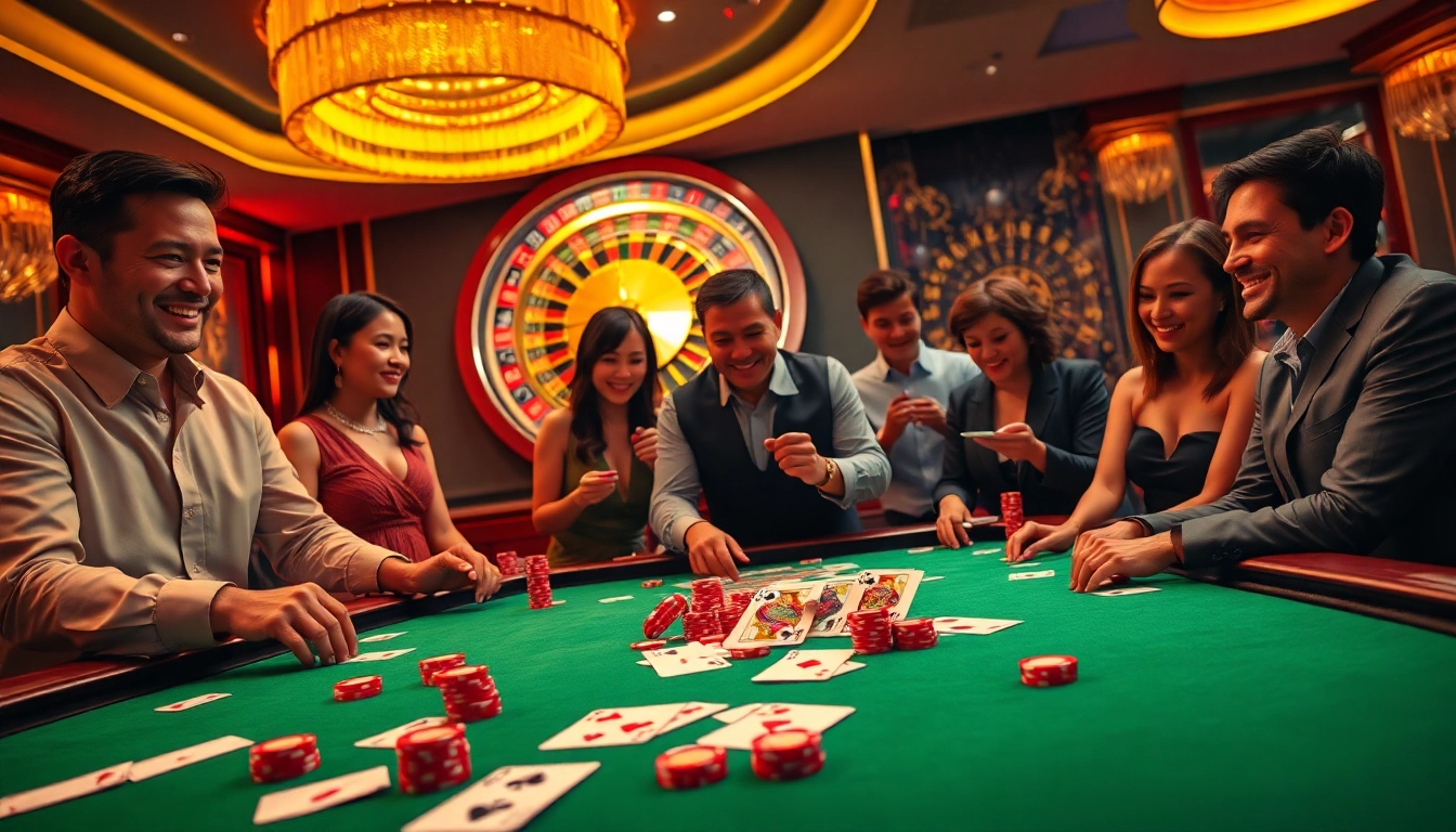 Enjoy a vibrant gambling scene with MM88 at a luxurious casino table surrounded by players and poker chips.