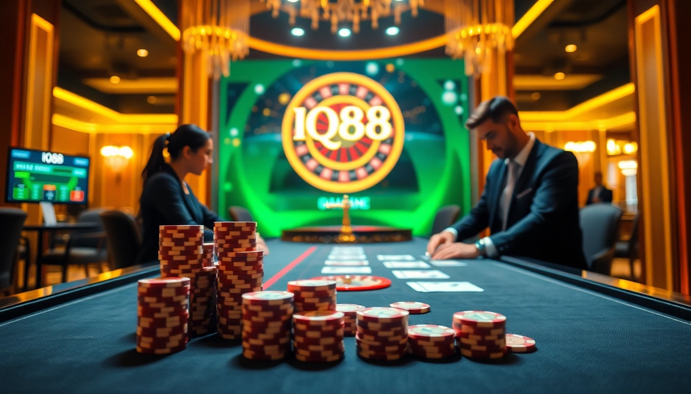 The iq88 gaming table showcasing thrilling casino elements with vibrant dealers and exciting bets.