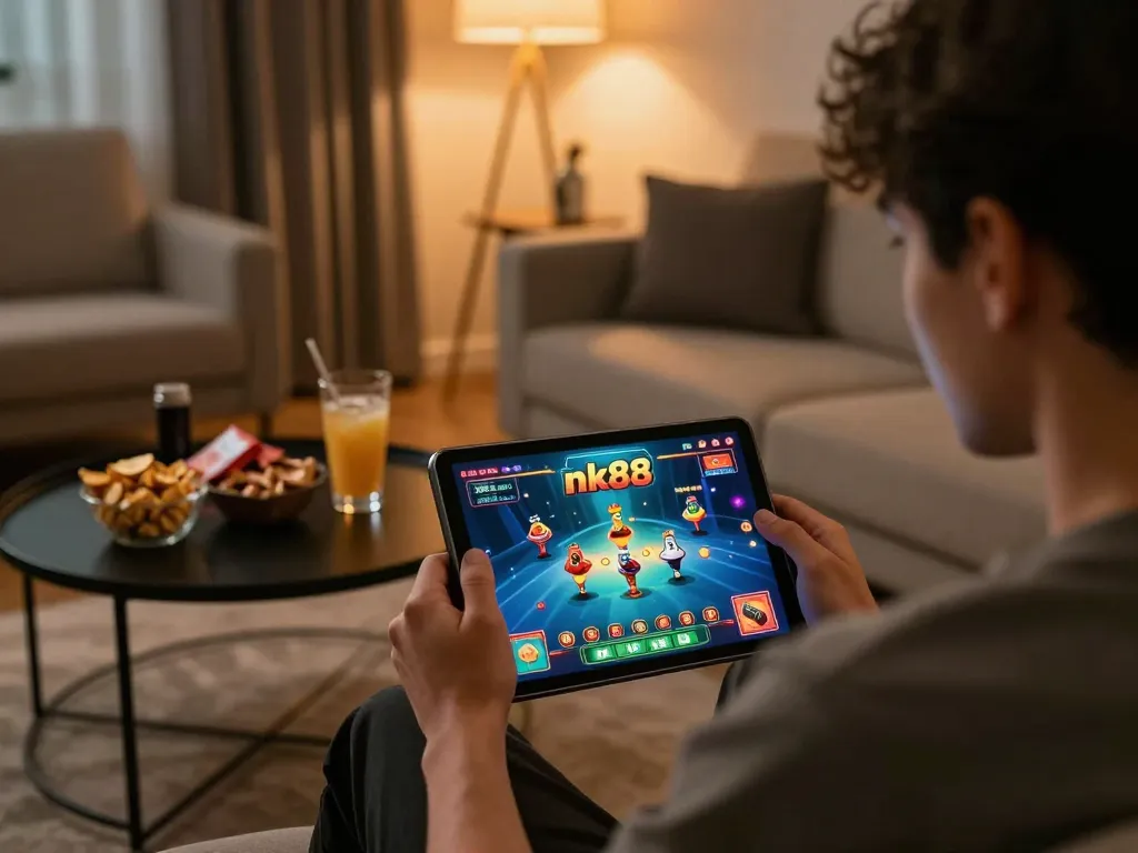 Player engaging with nk88 online casino game on tablet in cozy living room environment