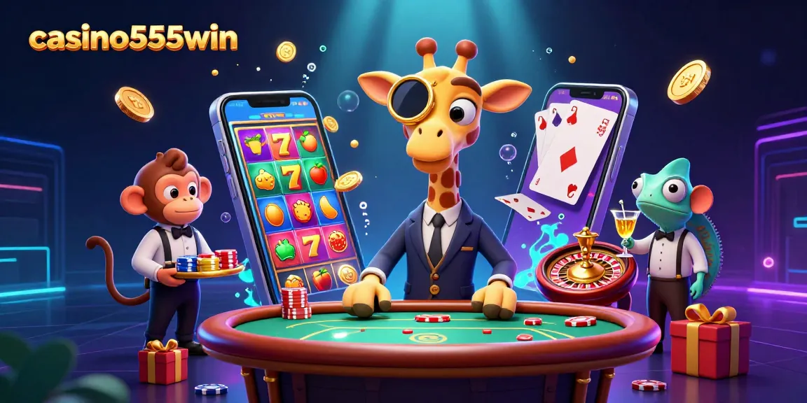 Experience the excitement at casino555win with a vivid illustration of a giraffe at a VIP table.